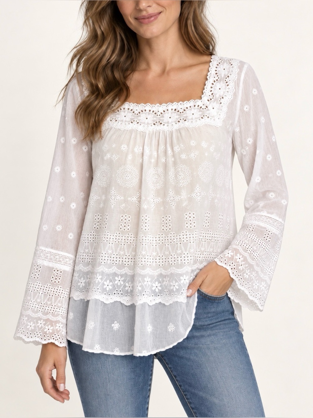 Sundance White Eyelet Embroidered Bell Sleeve Boho Blouse Women L Cotton